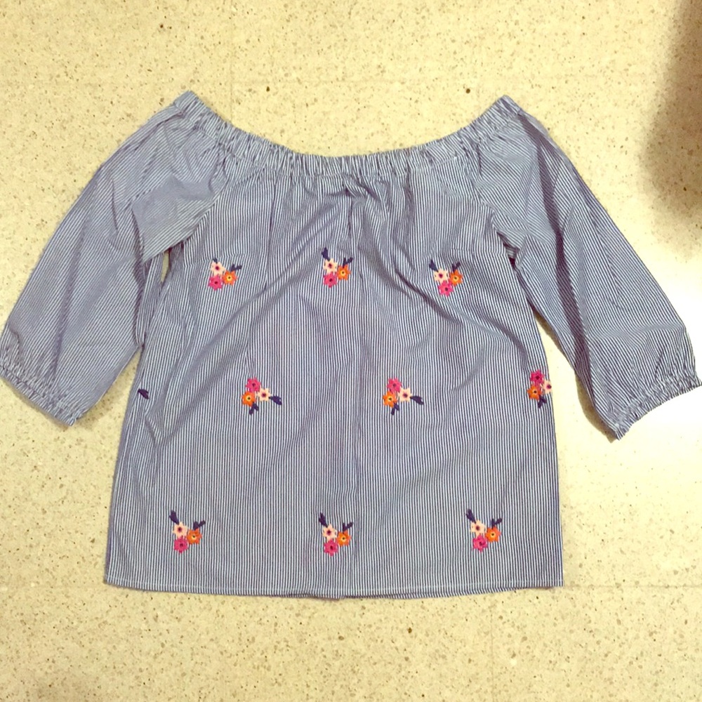 Striped Floral Embroidered Bardot Top